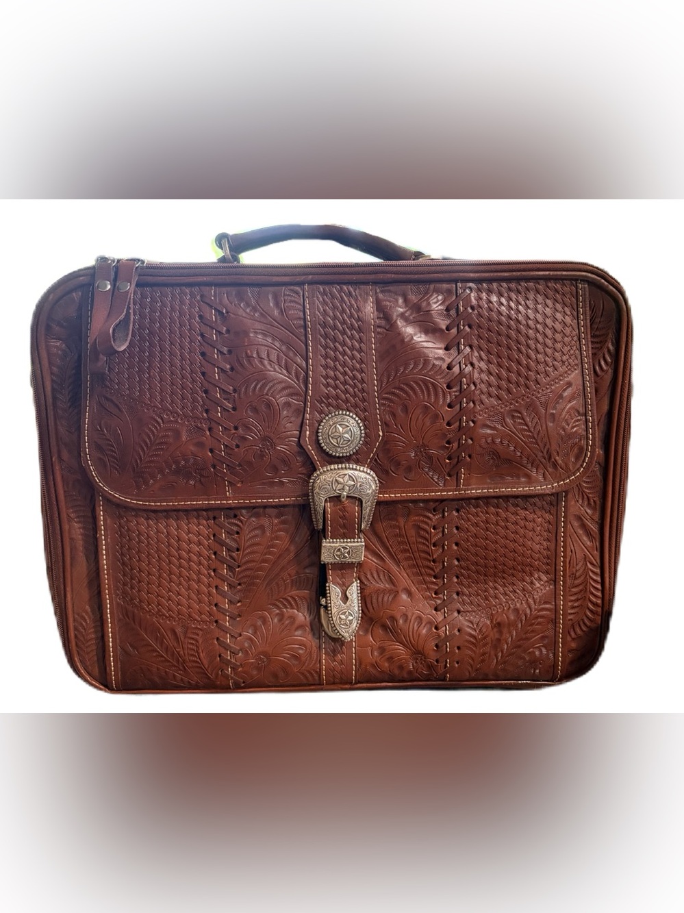 American West Hand Tooled Leather Western Laptop Briefcase – Shoulder Strap